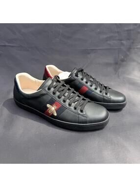 Gucci Ace Mens Sneakers Sz 11 Black Leather Embroidered Bee Web Stripe Italy
